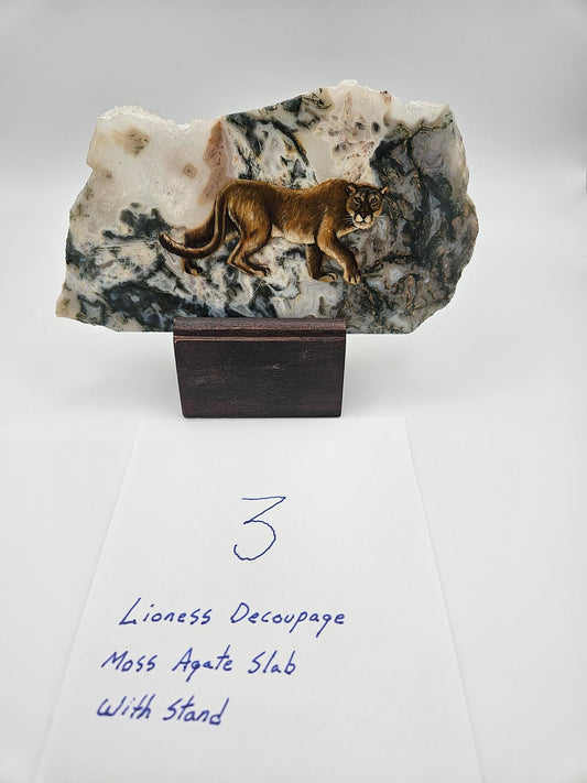 Hand Made Lioness Decoupage Stone Slab  Moss agate (Lot #3)