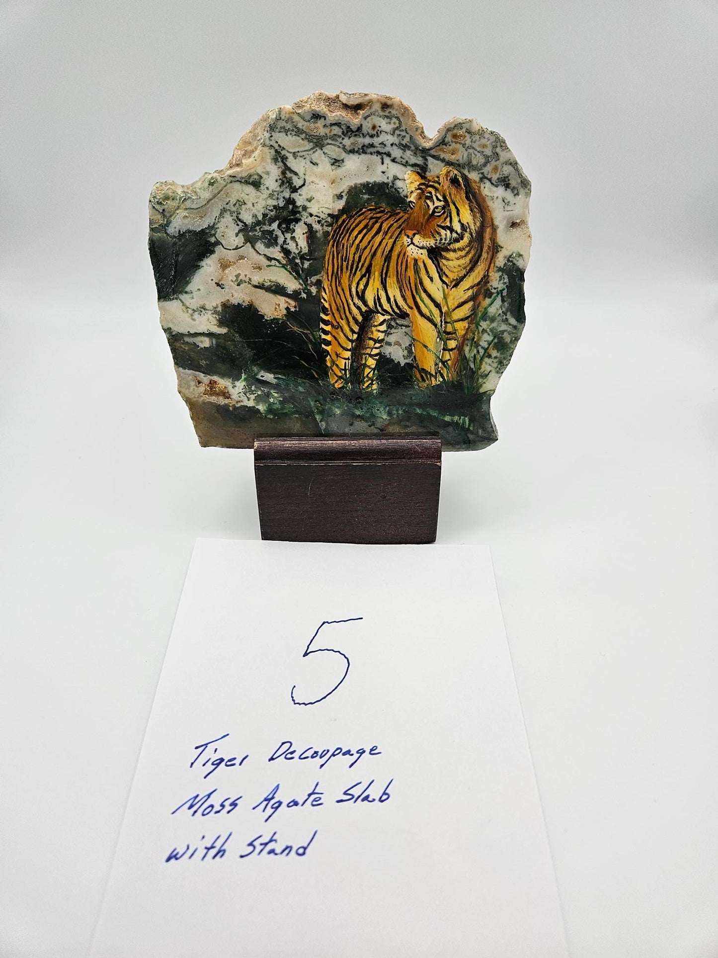 Hand Made Tiger Decoupage Stone Slab  Moss agate (Lot #5)