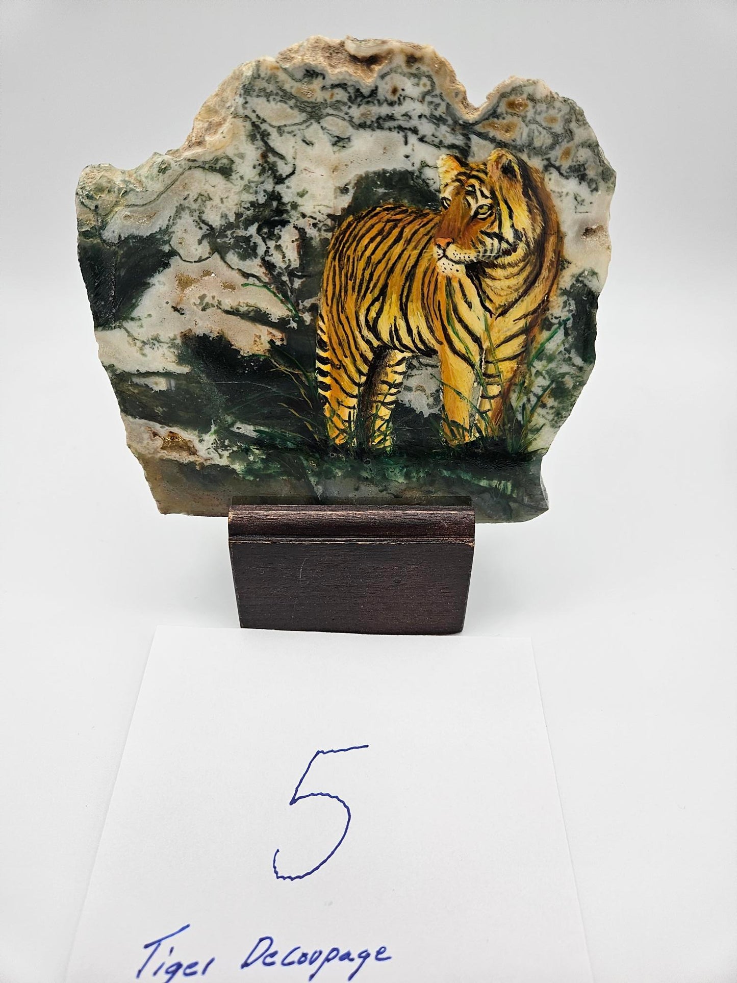 Hand Made Tiger Decoupage Stone Slab  Moss agate (Lot #5)