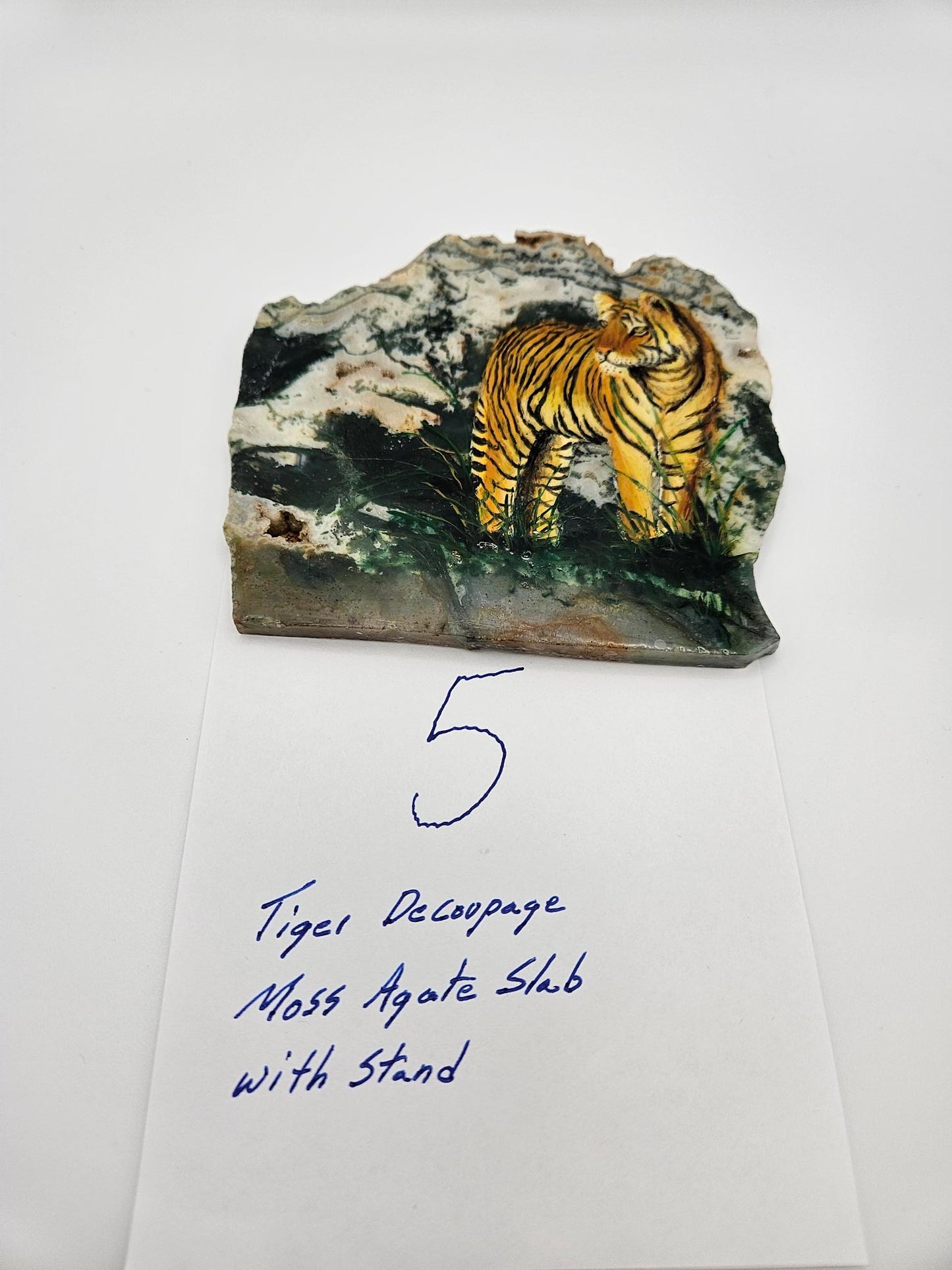 Hand Made Tiger Decoupage Stone Slab  Moss agate (Lot #5)