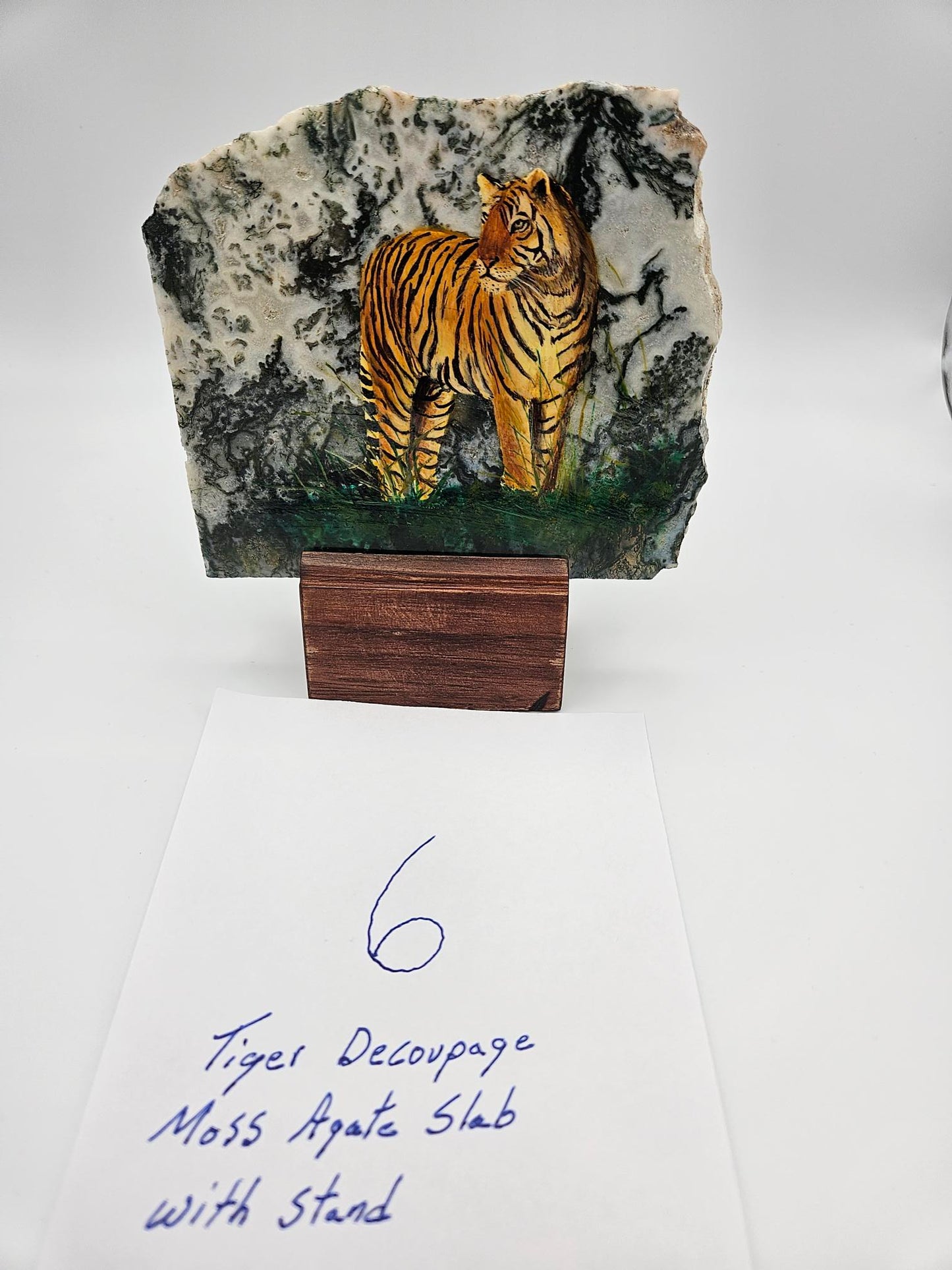 Hand Made Tiger Decoupage Stone Slab  Moss agate (Lot #6)