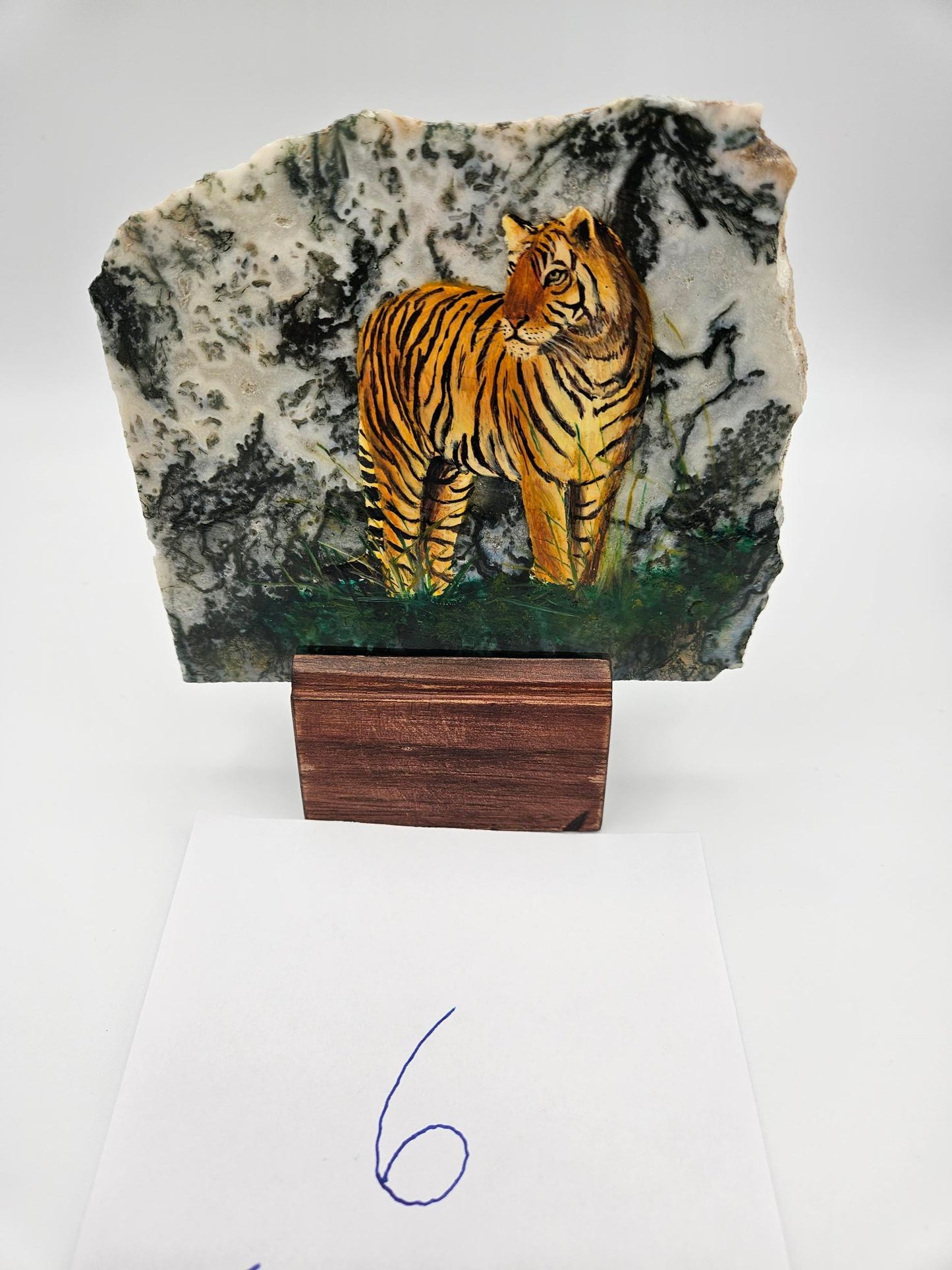 Hand Made Tiger Decoupage Stone Slab  Moss agate (Lot #6)