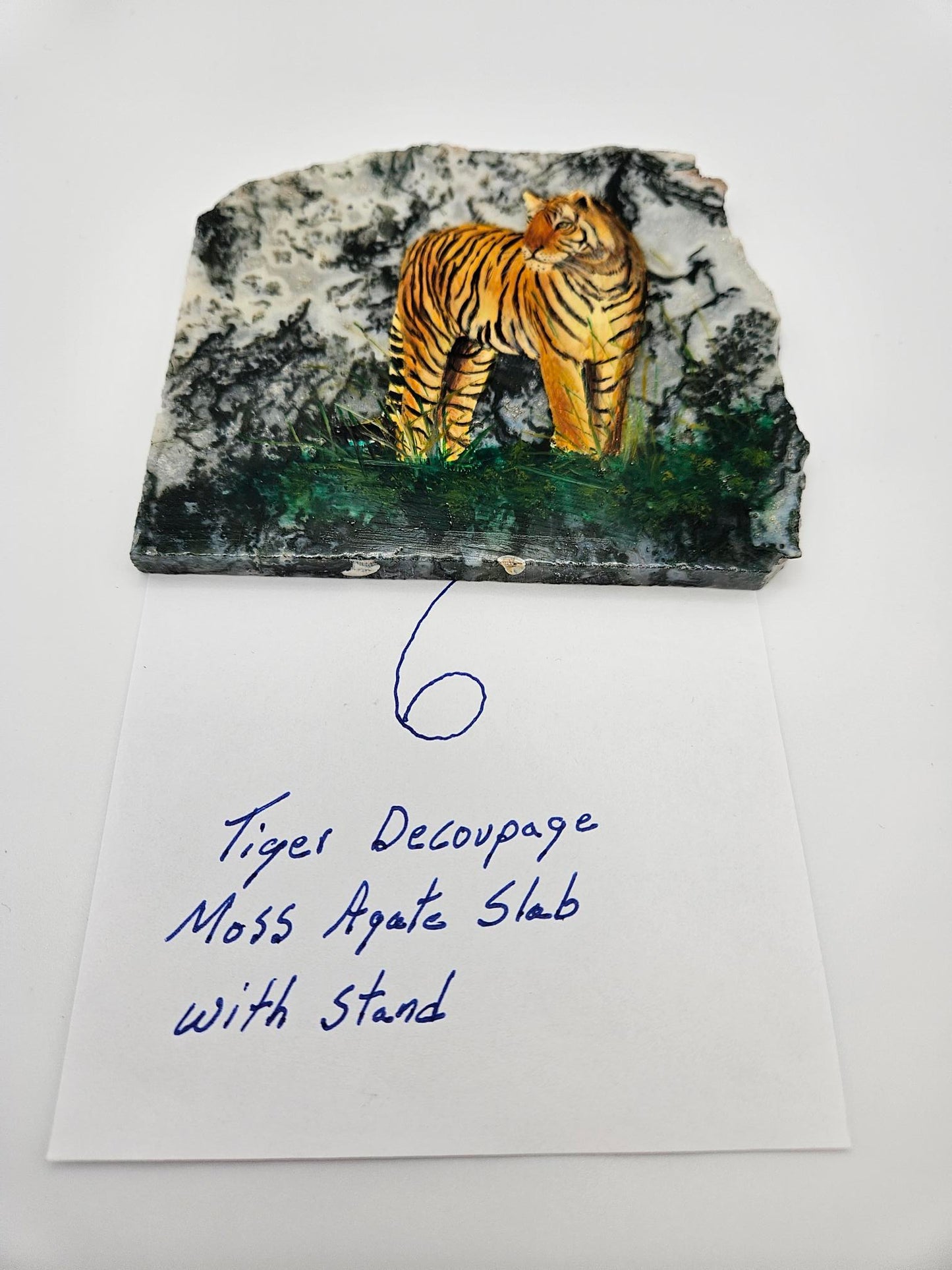 Hand Made Tiger Decoupage Stone Slab  Moss agate (Lot #6)