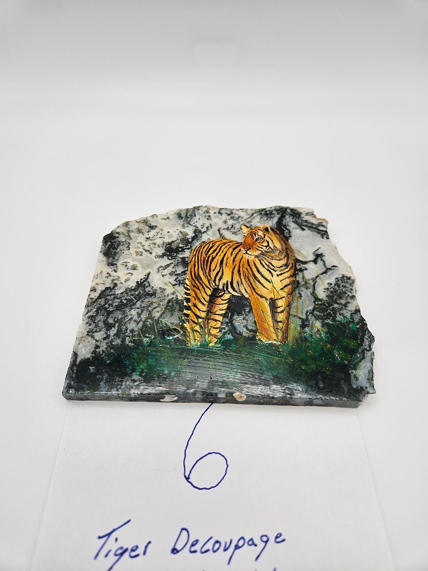 Hand Made Tiger Decoupage Stone Slab  Moss agate (Lot #6)