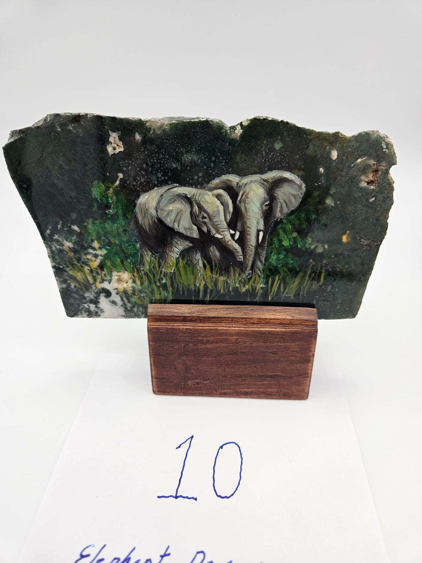 Hand Made Elephant Decoupage Stone Slab  Moss agate (Lot #10)
