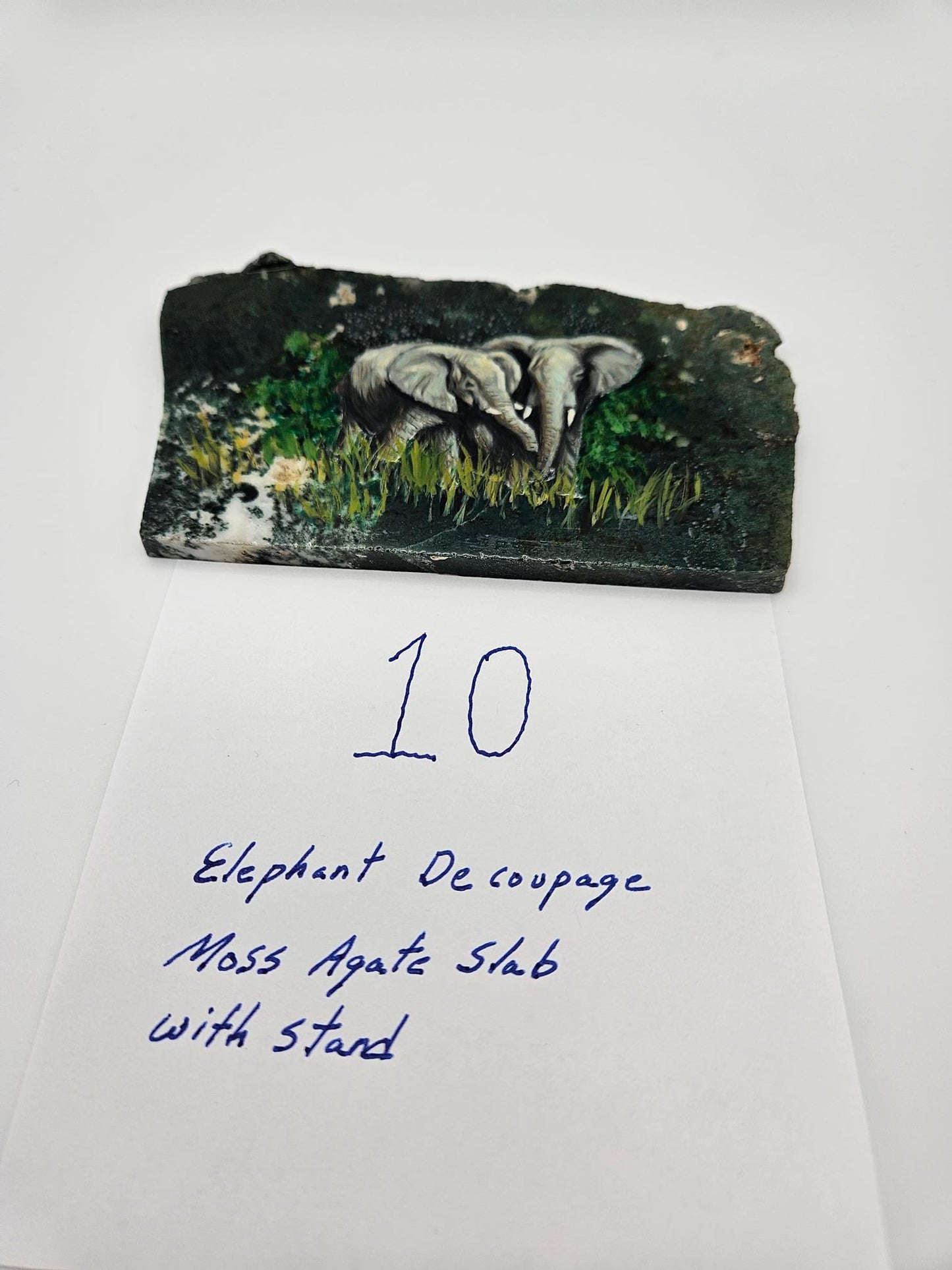 Hand Made Elephant Decoupage Stone Slab  Moss agate (Lot #10)