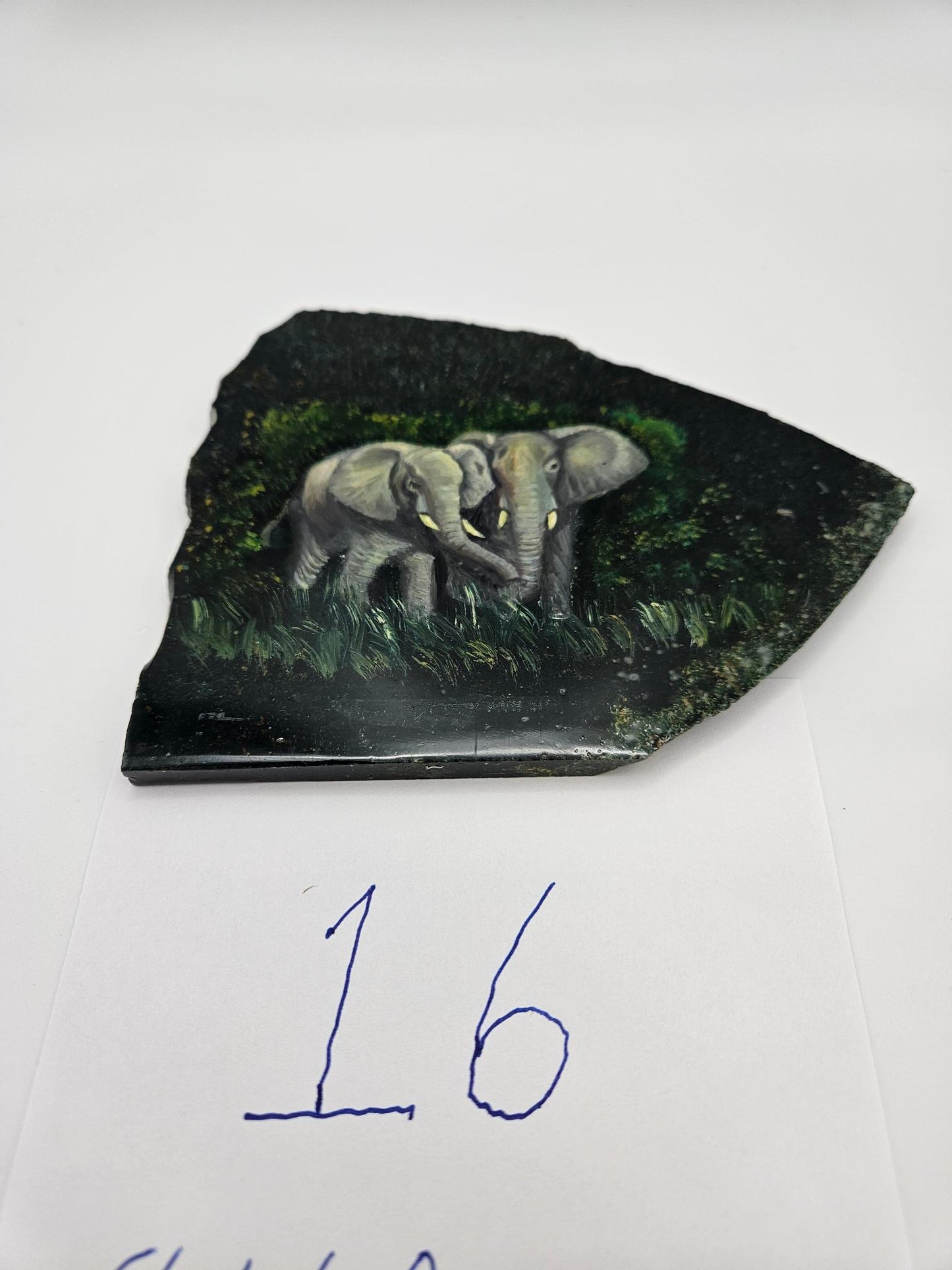 Hand Made Elephant Decoupage Stone Slab  Moss agate (Lot #16)