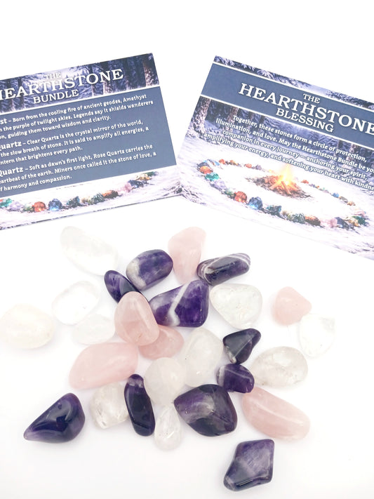 The Hearthstone Bundle Gem Bag Amethyst, Clear Quartz, Rose Quartz